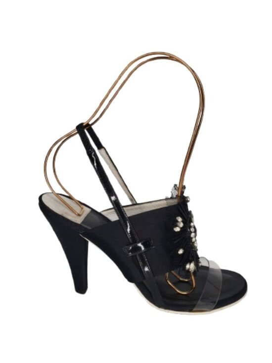 CHANEL Shoes - Chanel Black Satin & PVC Crystal Starburst Slingback Heels